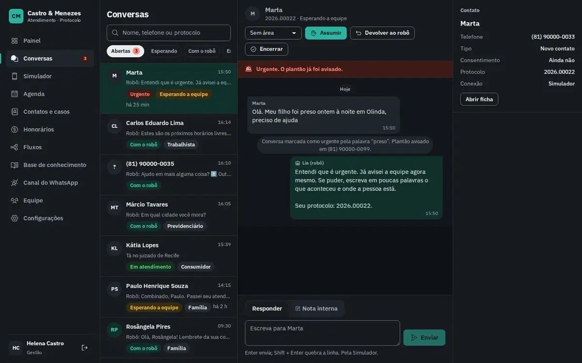 Tela de conversas de um sistema de atendimento pelo WhatsApp