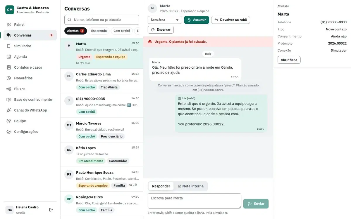 Tela de conversas de um sistema de atendimento pelo WhatsApp