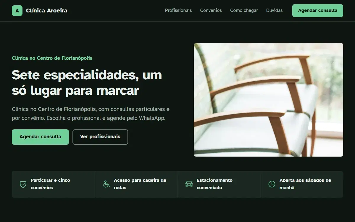 Primeira dobra do site para clínica