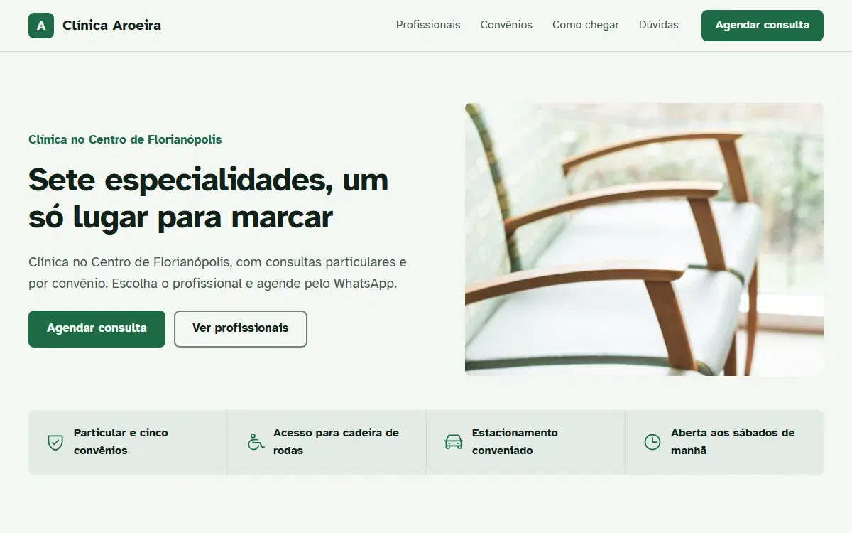 Primeira dobra do site para clínica
