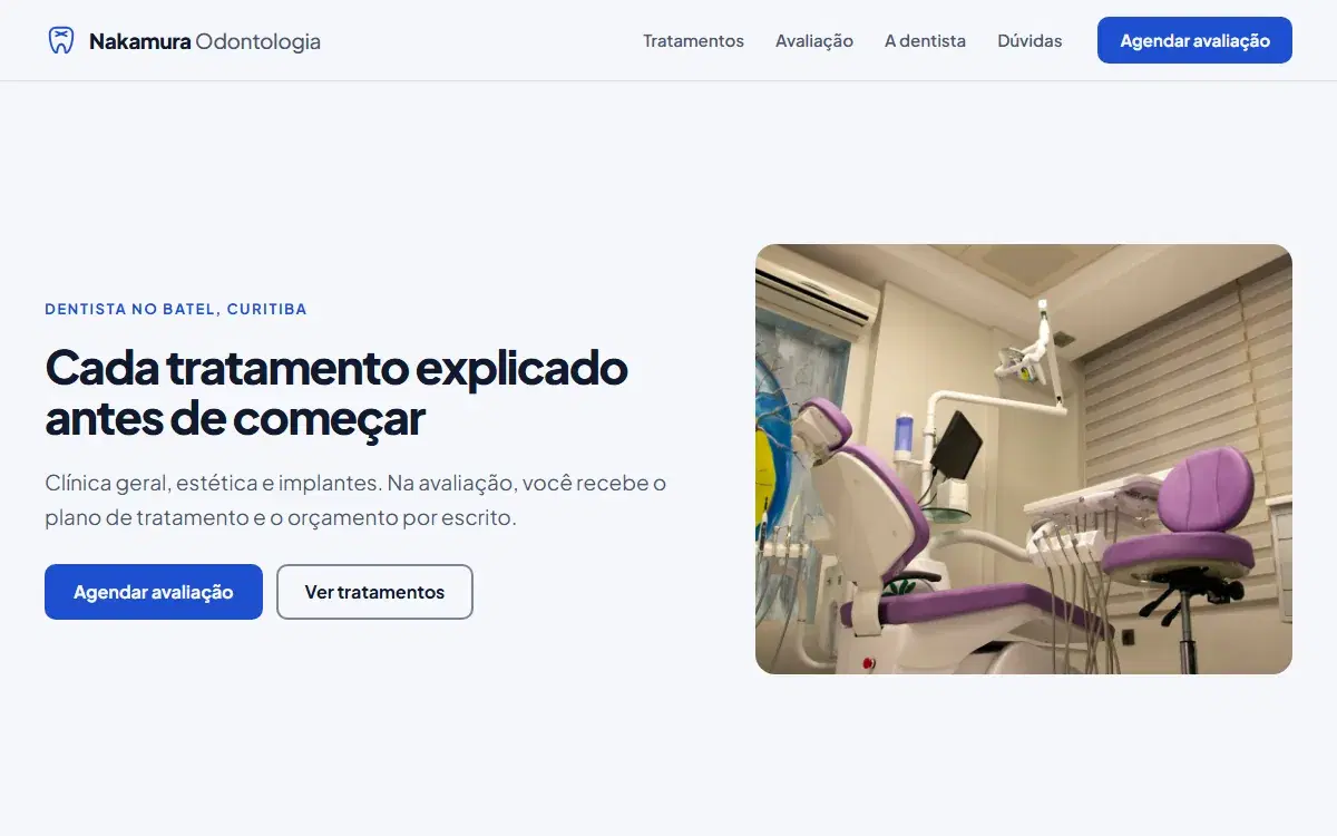 Primeira dobra do site para dentista