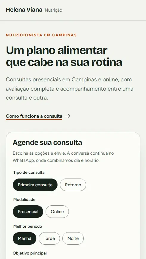 Site de nutricionista aberto no celular