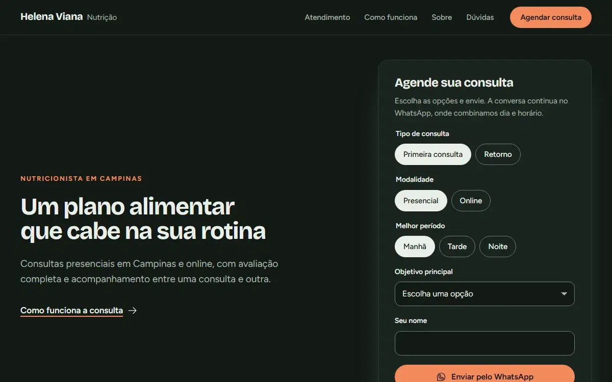 Primeira dobra do site para nutricionista