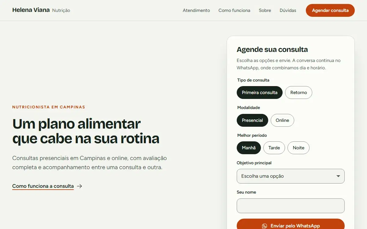 Primeira dobra do site para nutricionista