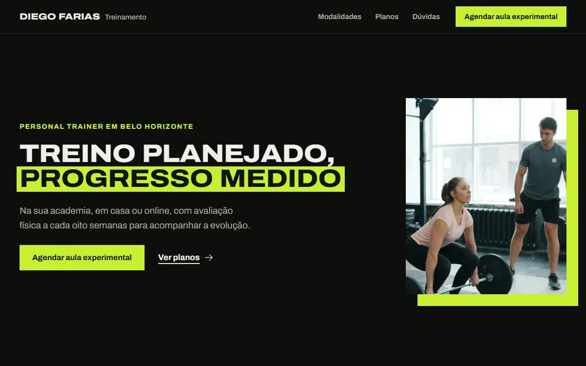 Primeira dobra do site para personal trainer
