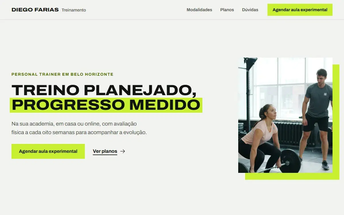 Primeira dobra do site para personal trainer