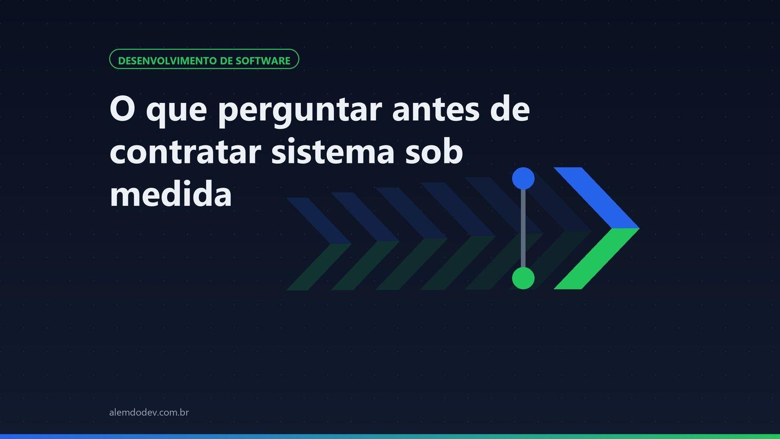 Capa do post com o titulo O que perguntar antes de contratar sistema sob medida, selo Desenvolvimento de software e o simbolo da Alem do Dev